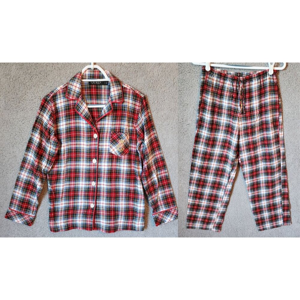 Ralph Lauren Womens 2-Piece Pajama Set Embroidered Top/Pants Red Plaid Holiday S